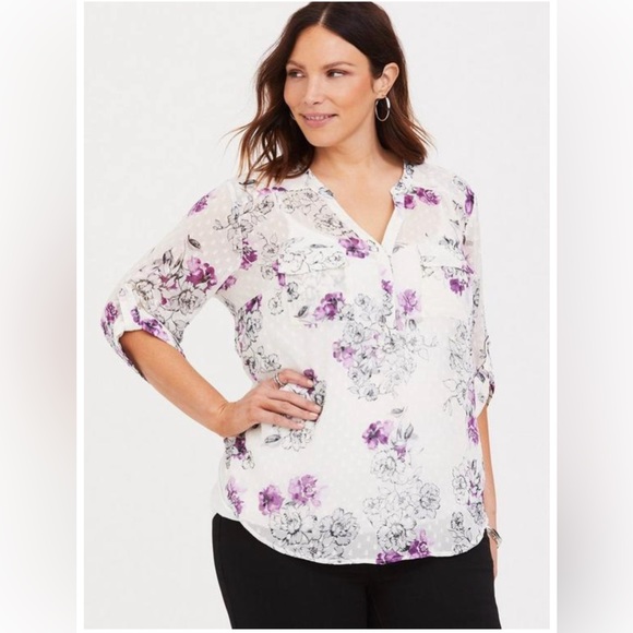 Torrid Harper - White Floral Clip Dot Blouse - Picture 1 of 6
